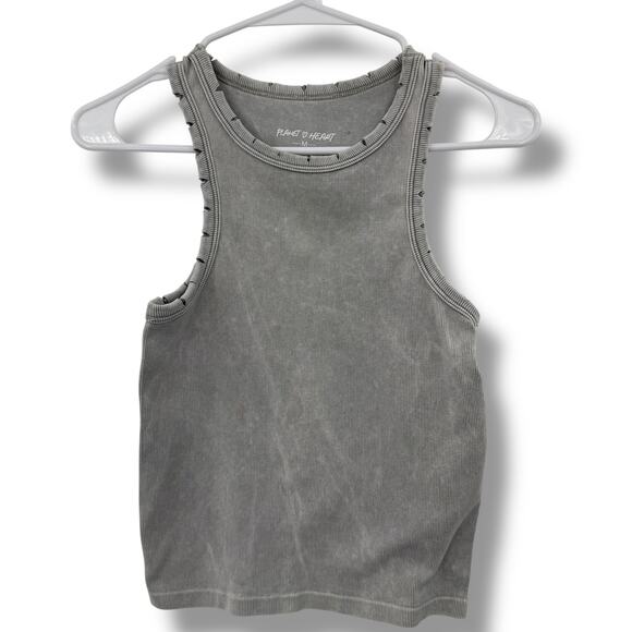 NEW Planet Heart Cropped Tank Top M Medium Gray Distressed Fitted Sleeveless - Picture 1 of 5